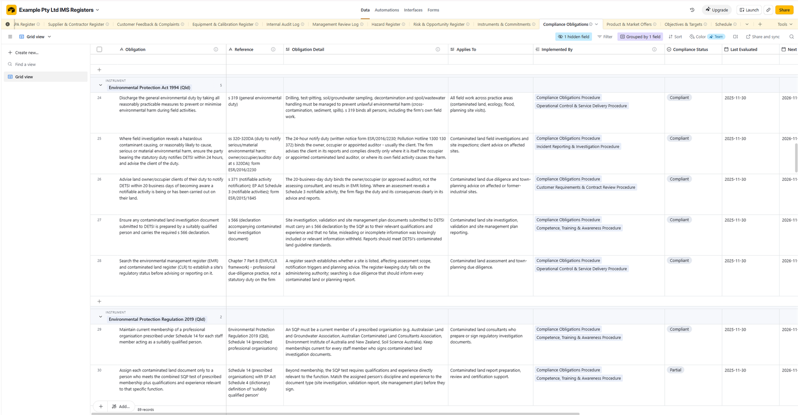 The IMS registers in Airtable: tabs for hazard, risk, audit and compliance registers, open at the compliance obligations table