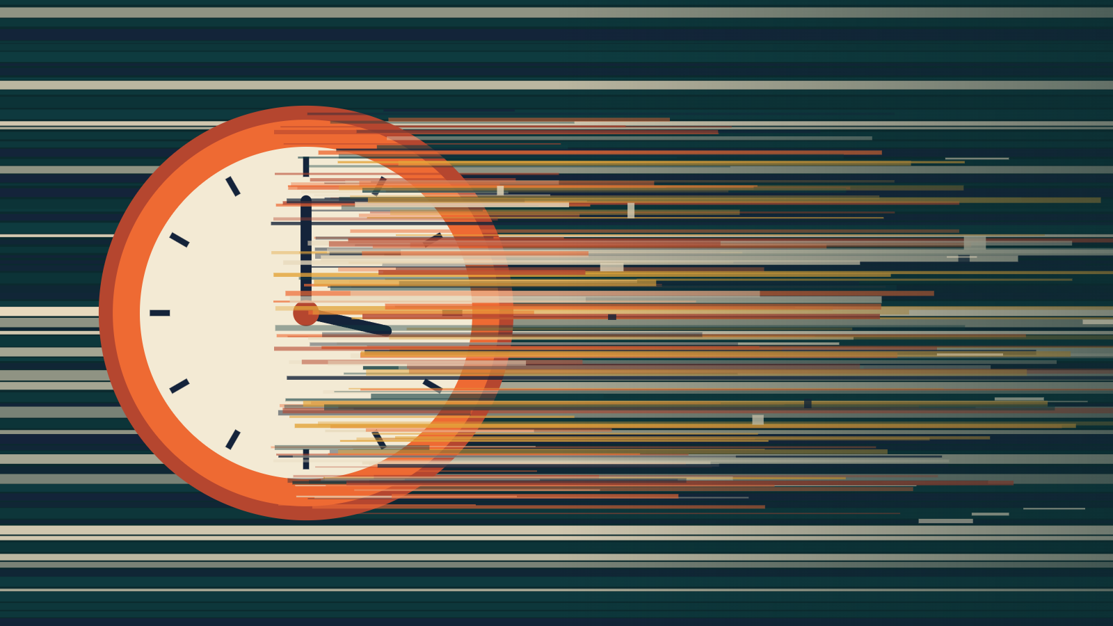An orange clock dissolving rightward into streaks of motion, the billable hour coming apart.